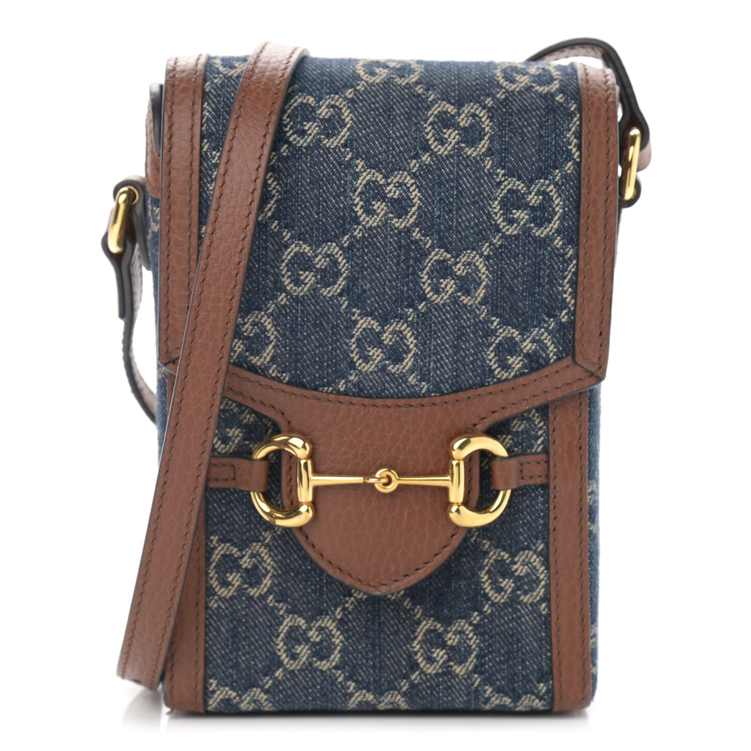 Gucci New Denim GG Monogram Dollar Calfskin Mini Horsebit 1955 Crossbody Bag Blue Tea Cuir Epilog 1 of 12