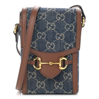 Gucci New Denim GG Monogram Dollar Calfskin Mini Horsebit 1955 Crossbody Bag Blue Tea Cuir Epilog 1 of 12