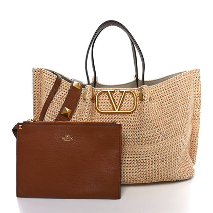 Valentino Garavani Raffia Grained Calfskin Medium Rockstud Vlogo Tote Naturale 10 of 10