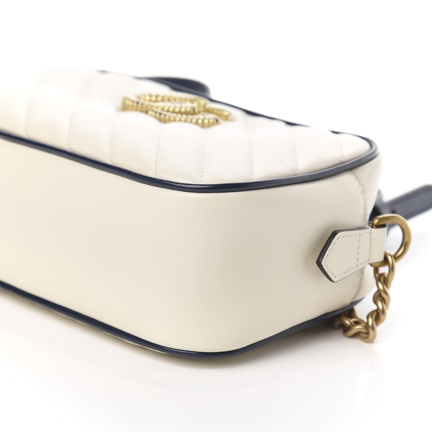 Vintage Effect Calfskin Matelasse Diagonal Small Torchon GG Marmont Chain Shoulder Bag Mystic White Blue Agata