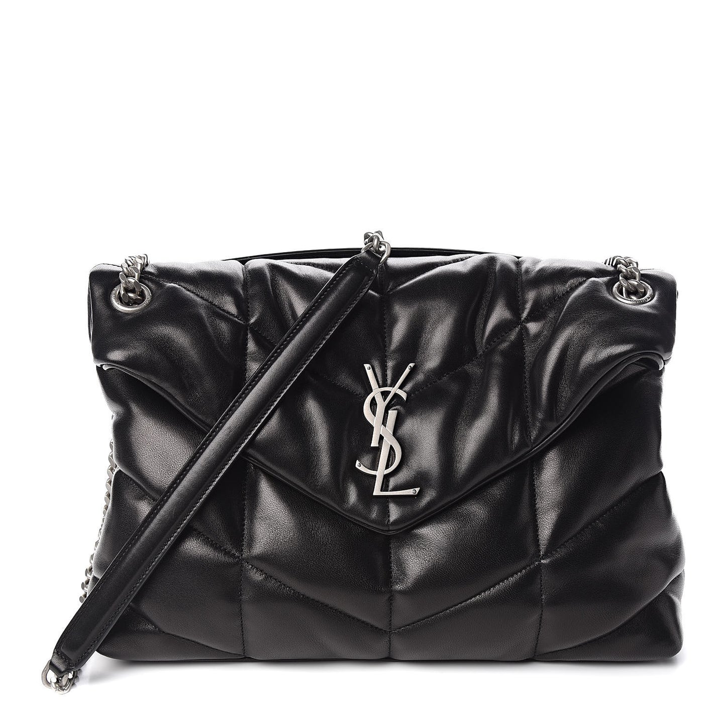 Lambskin Quilted Medium Loulou Puffer Monogram Chain Satchel Black