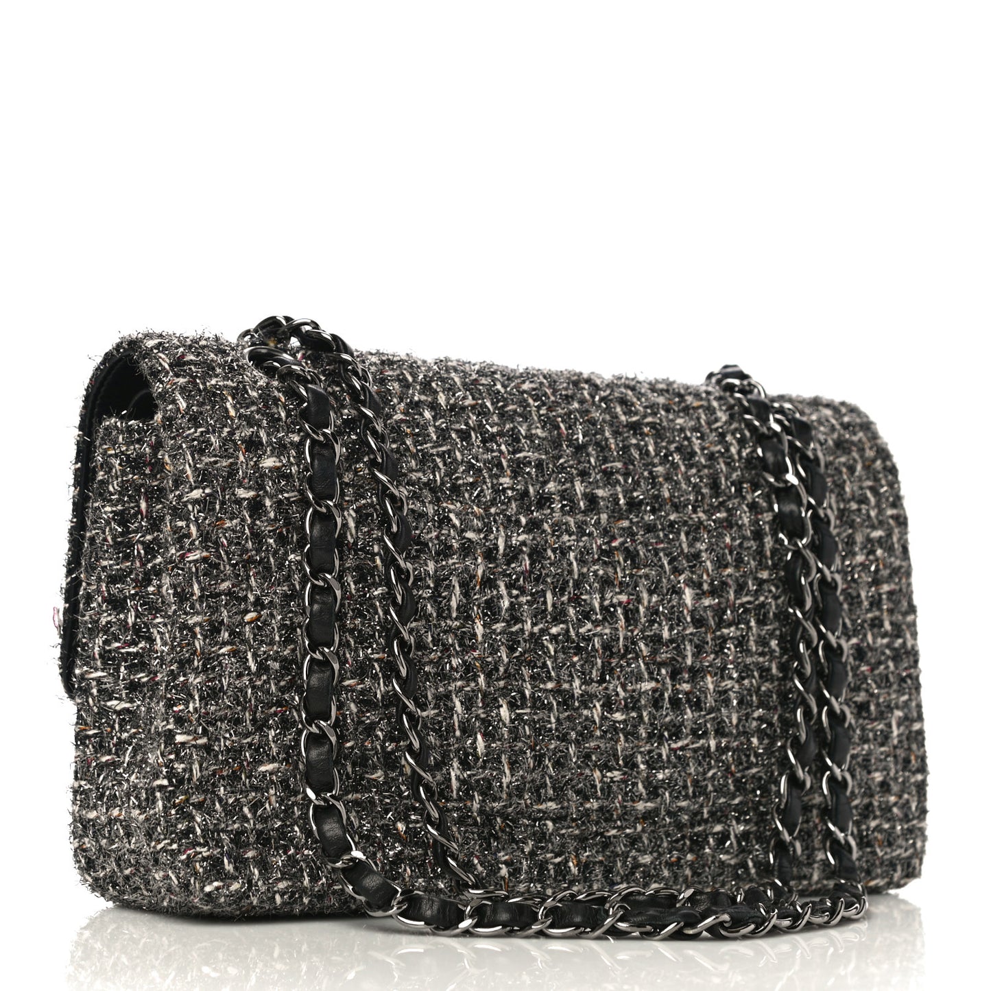 Metallic Tweed Medium Double Flap Black White