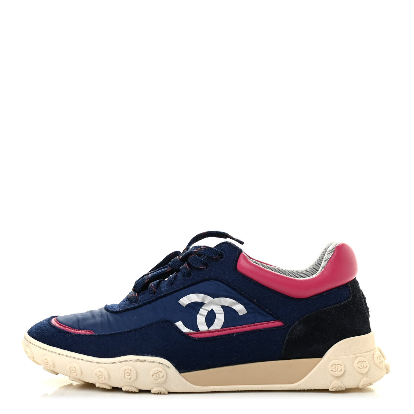 Nylon Calfskin Suede Womens Logo Sneakers 41 Navy Pink