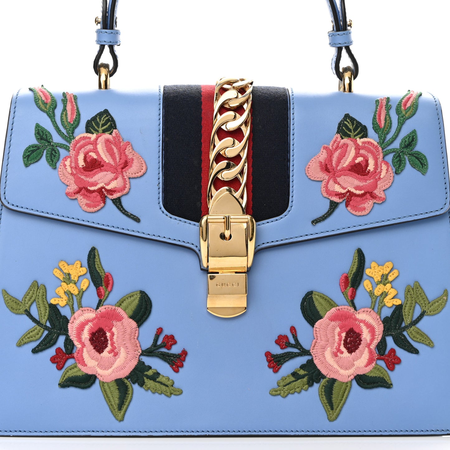 Calfskin Embroidered Medium Sylvie Top Handle Bag Clear Sky Blue