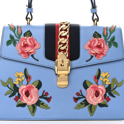 Gucci Calfskin Embroidered Medium Sylvie Top Handle Bag Clear Sky Blue 8 of 15