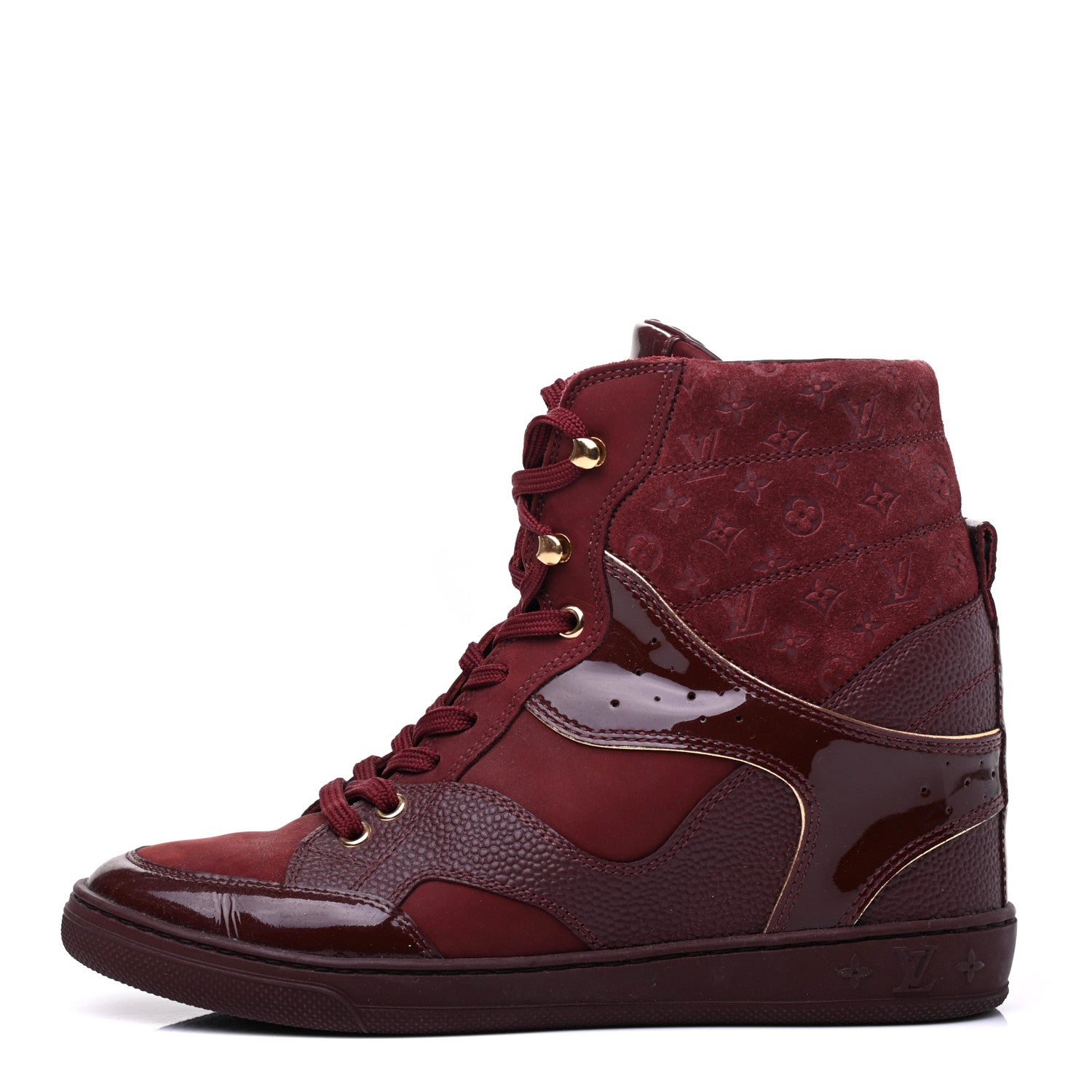 Louis Vuitton Calfskin Patent Suede Monogram Cliff Top Wedge Sneakers 36.5 Burgundy 1 of 11