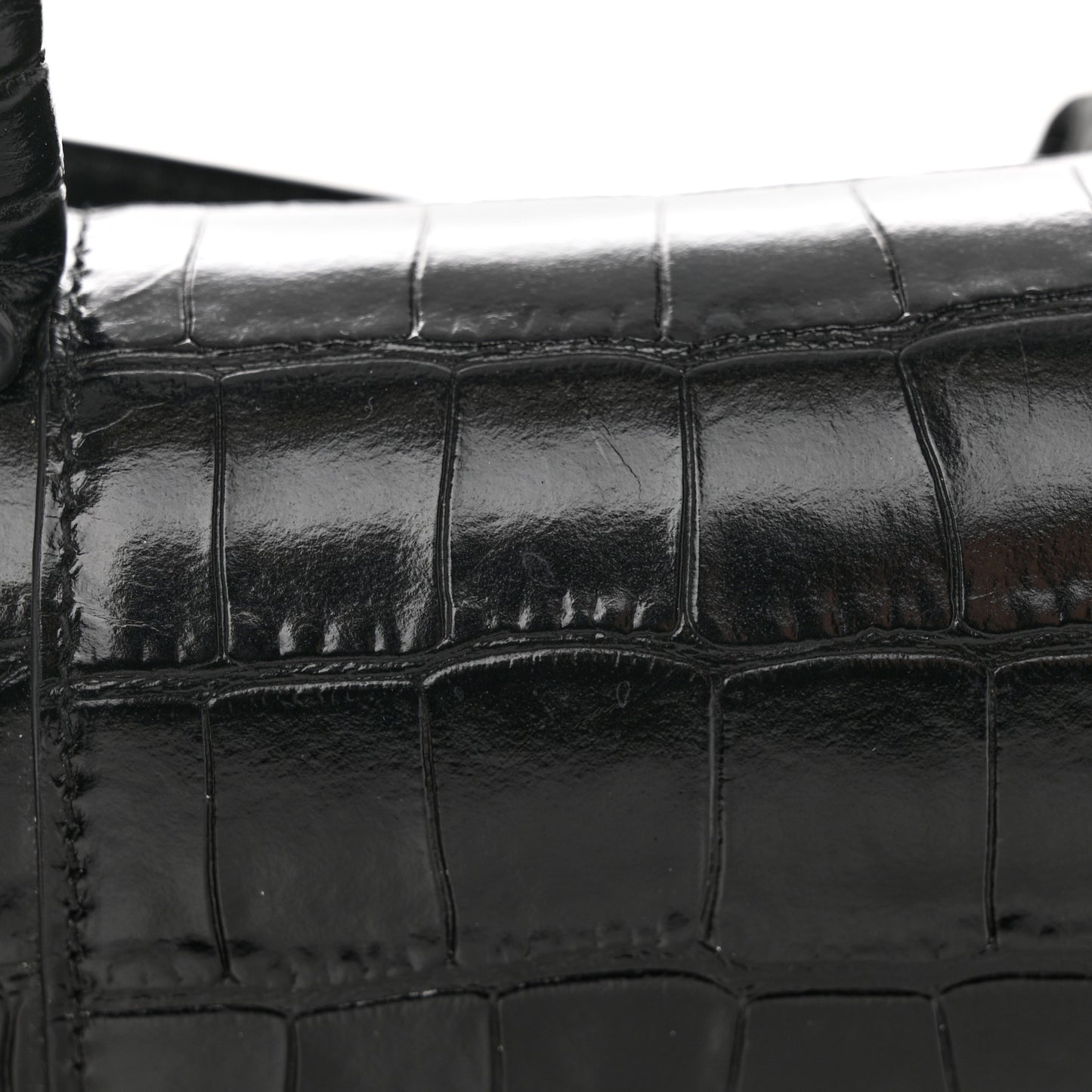 Shiny Calfskin Monochrome Crocodile Embossed Hourglass Top Handle Bag XS Black