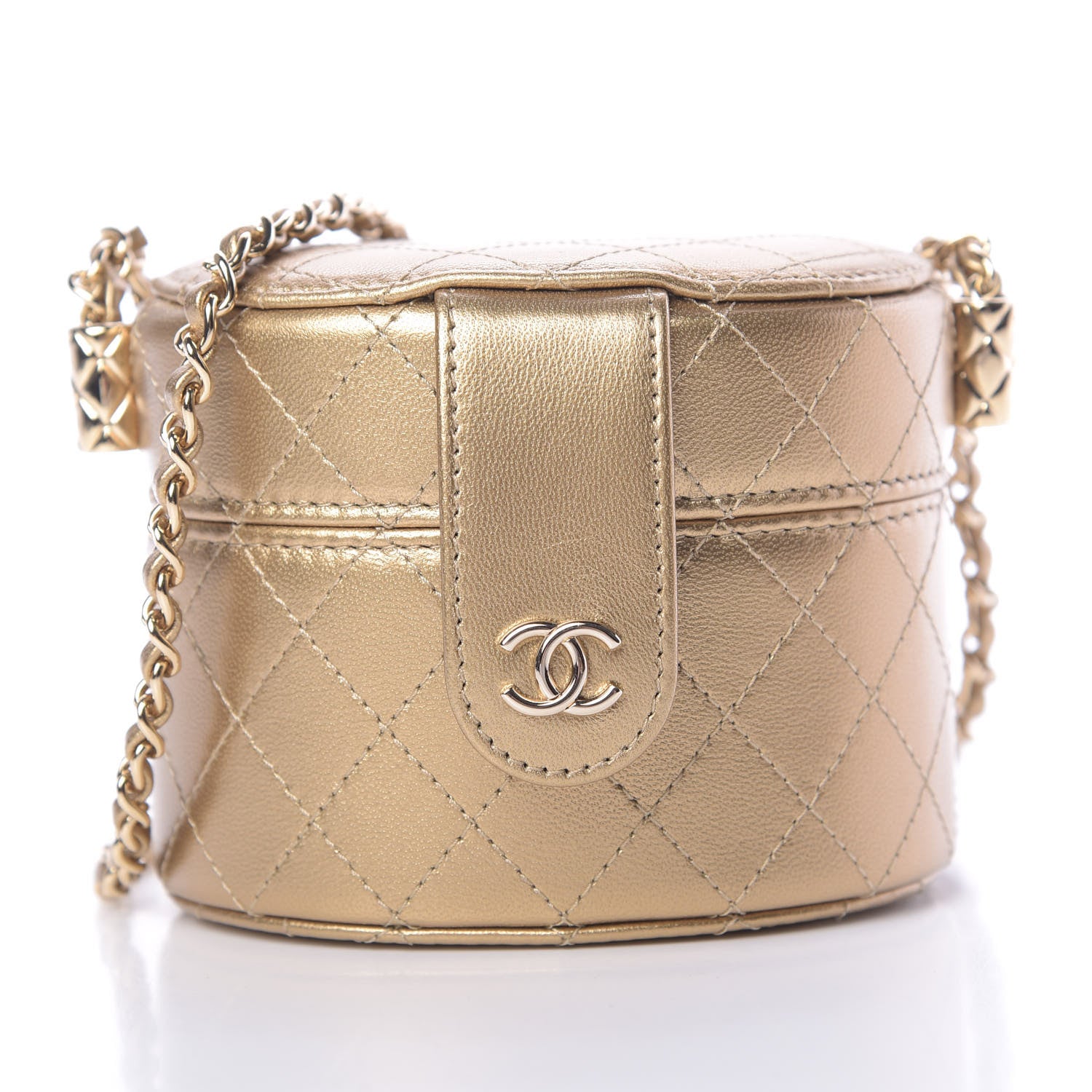 Chanel Metallic Lambskin Quilted Round Mini Vanity Case With Chain Gold 8 of 11