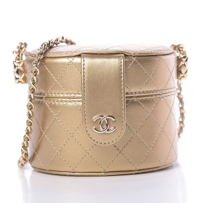 Chanel Metallic Lambskin Quilted Round Mini Vanity Case With Chain Gold 8 of 11