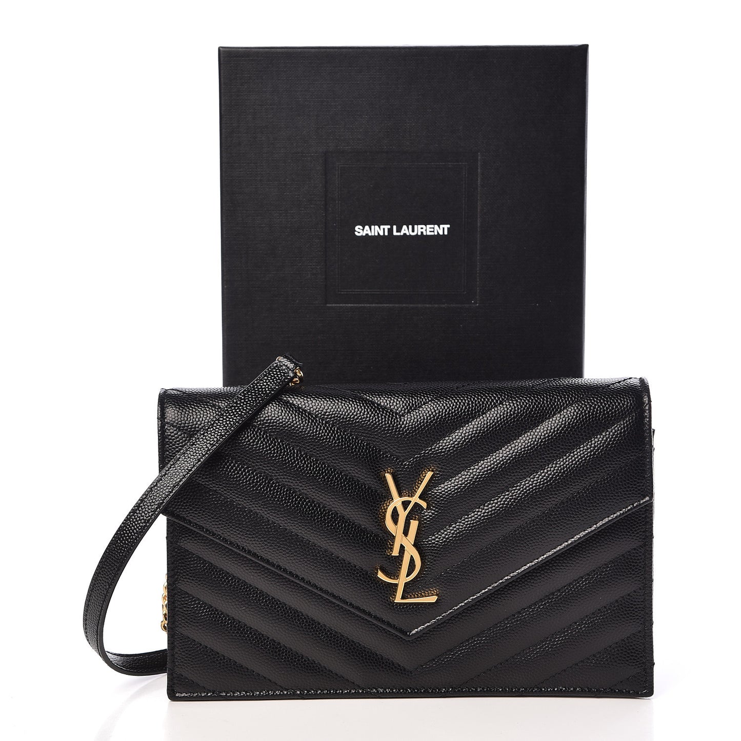 Grain De Poudre Matelasse Chevron Monogram Envelope Chain Wallet Black
