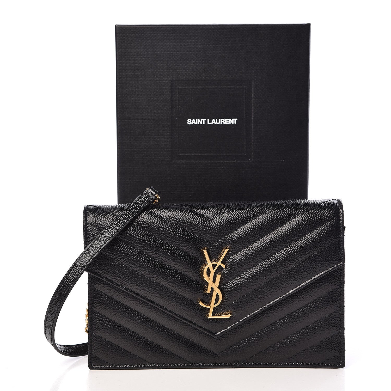 Saint Laurent Grain De Poudre Matelasse Chevron Monogram Envelope Chain Wallet Black 10 of 10