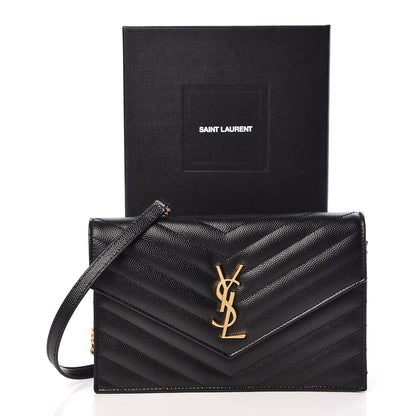 Saint Laurent Grain De Poudre Matelasse Chevron Monogram Envelope Chain Wallet Black 10 of 10