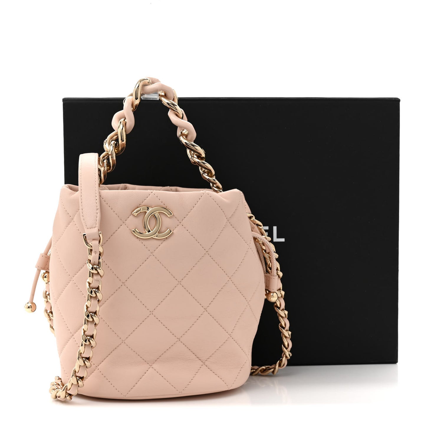 Lambskin Quilted Resin Bi-Color Chain Bucket Bag Light Beige