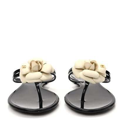 Chanel Jelly Camellia Thong Sandals 38 Black Ivory 2 of 9