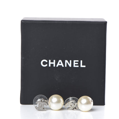 Chanel Crystal Pearl CC Drop Earrings Silver Pearly White 5 of 5