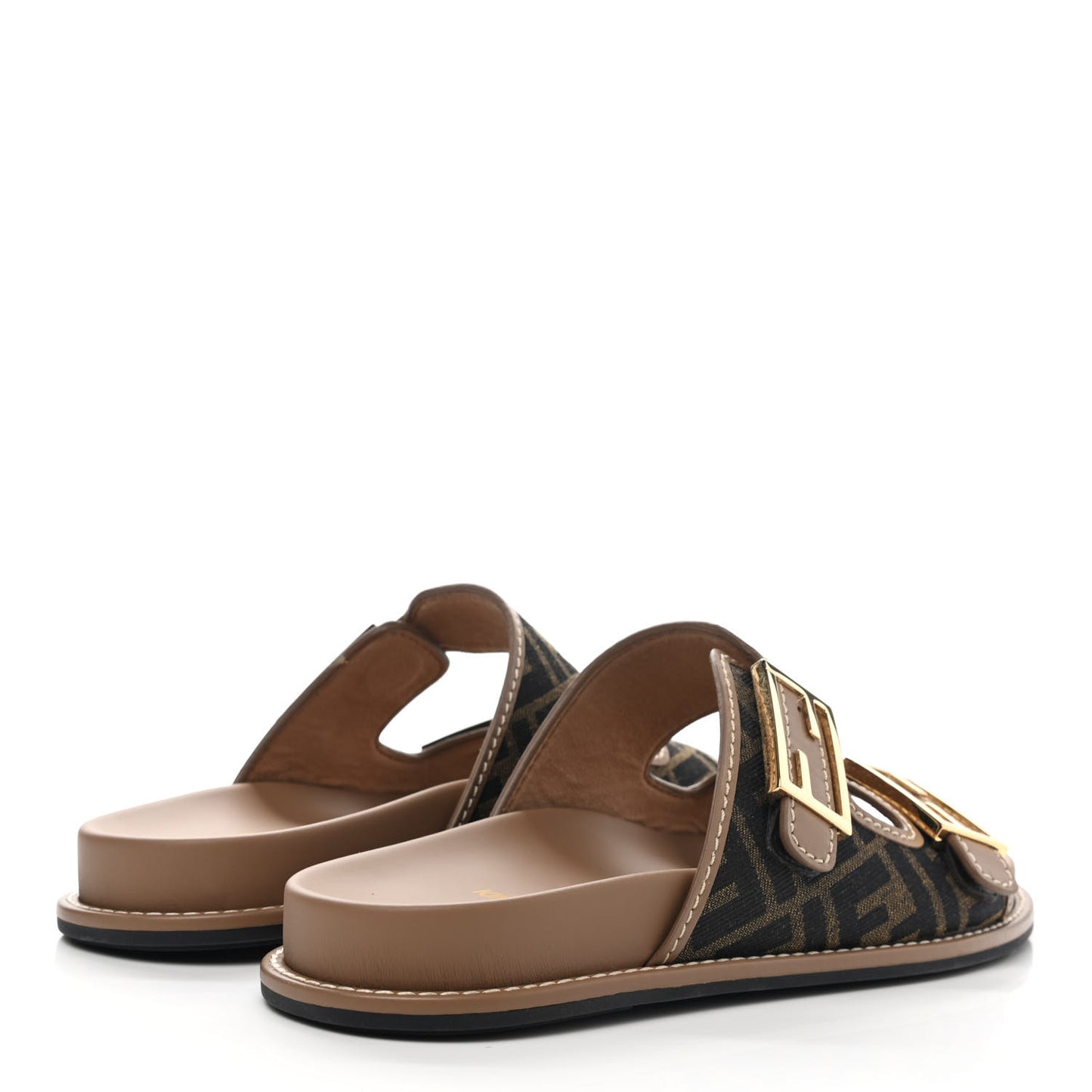 Fabric Jacquard Nappa FF Womens Fendi Feel Buckled Slide Sandals 41 Tobacco Black Miele Scuro