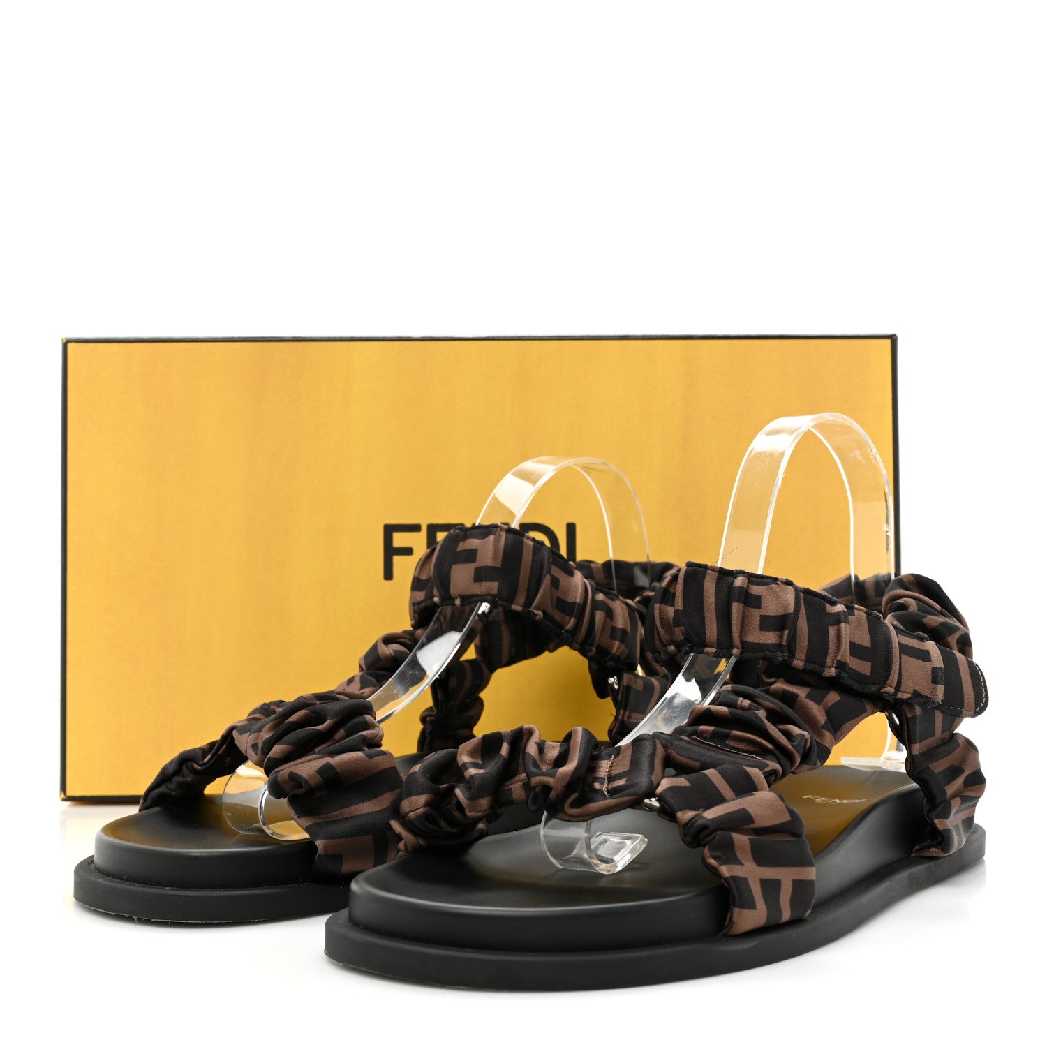 Fendi Satin FF Ruched Sandals 39 Tobacco Black 8 of 8
