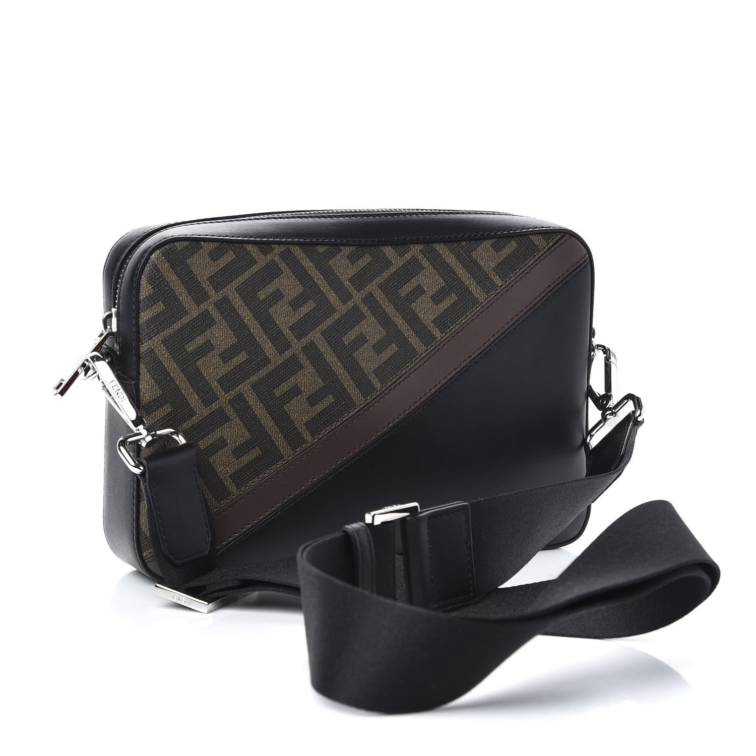 Fendi Glazed Fabric Vitello Liberty FF 1974 Diagonal Medium Camera Case Tobacco Moresco Black 3 of 11
