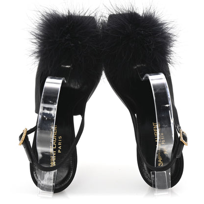 Saint Laurent Crepe Satin Feathered Blanco Sandals 39 Black 2 of 9