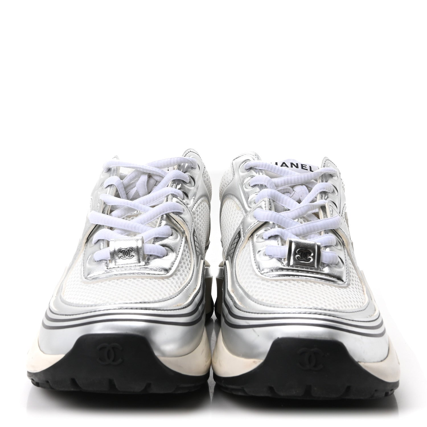 Chanel Fabric Laminated Calfskin Stretch CC Sneakers 36 White Silver 3 of 10