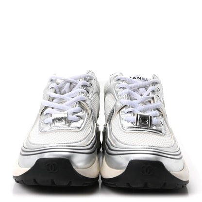 Chanel Fabric Laminated Calfskin Stretch CC Sneakers 36 White Silver 3 of 10