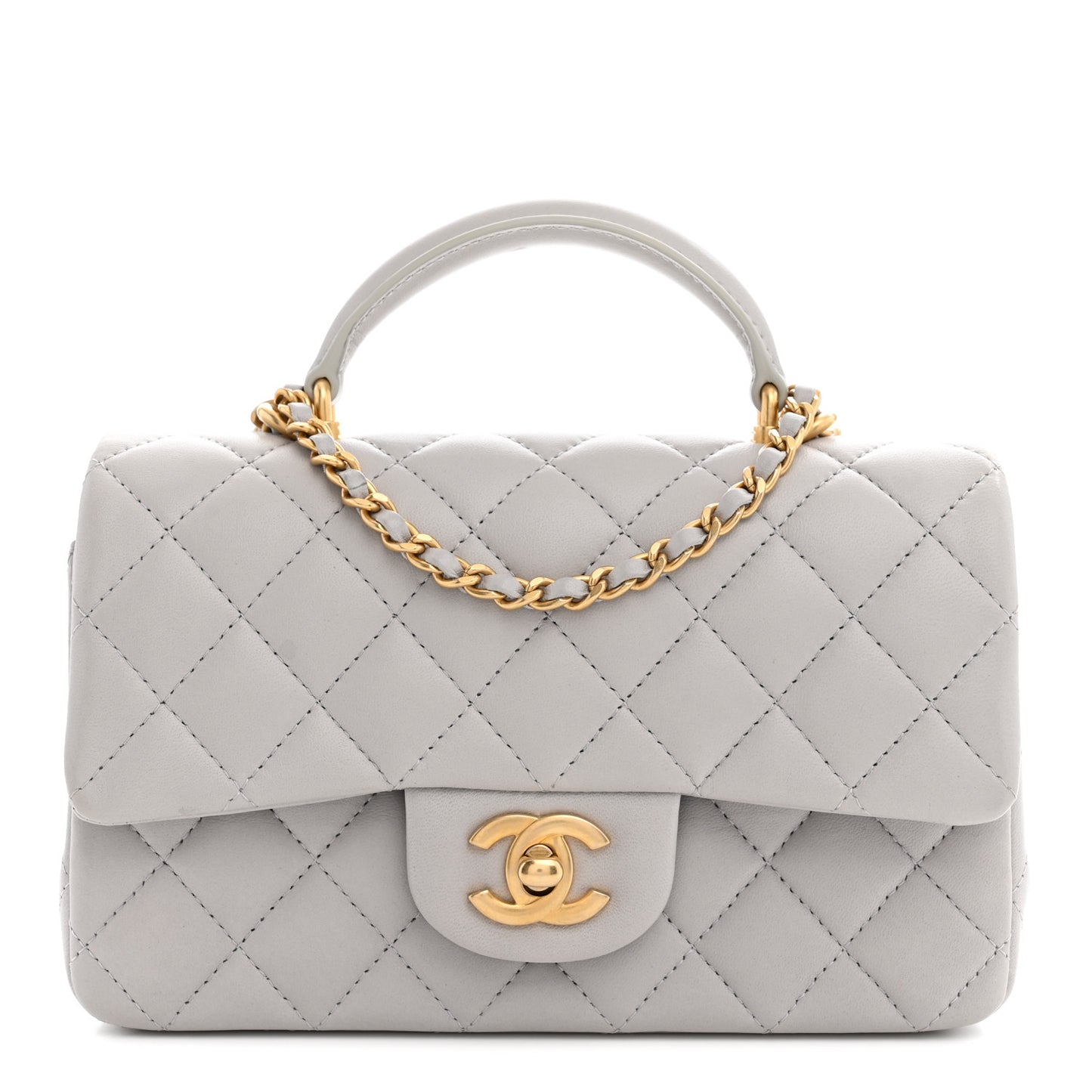 Lambskin Quilted Mini Top Handle Rectangular Flap Grey