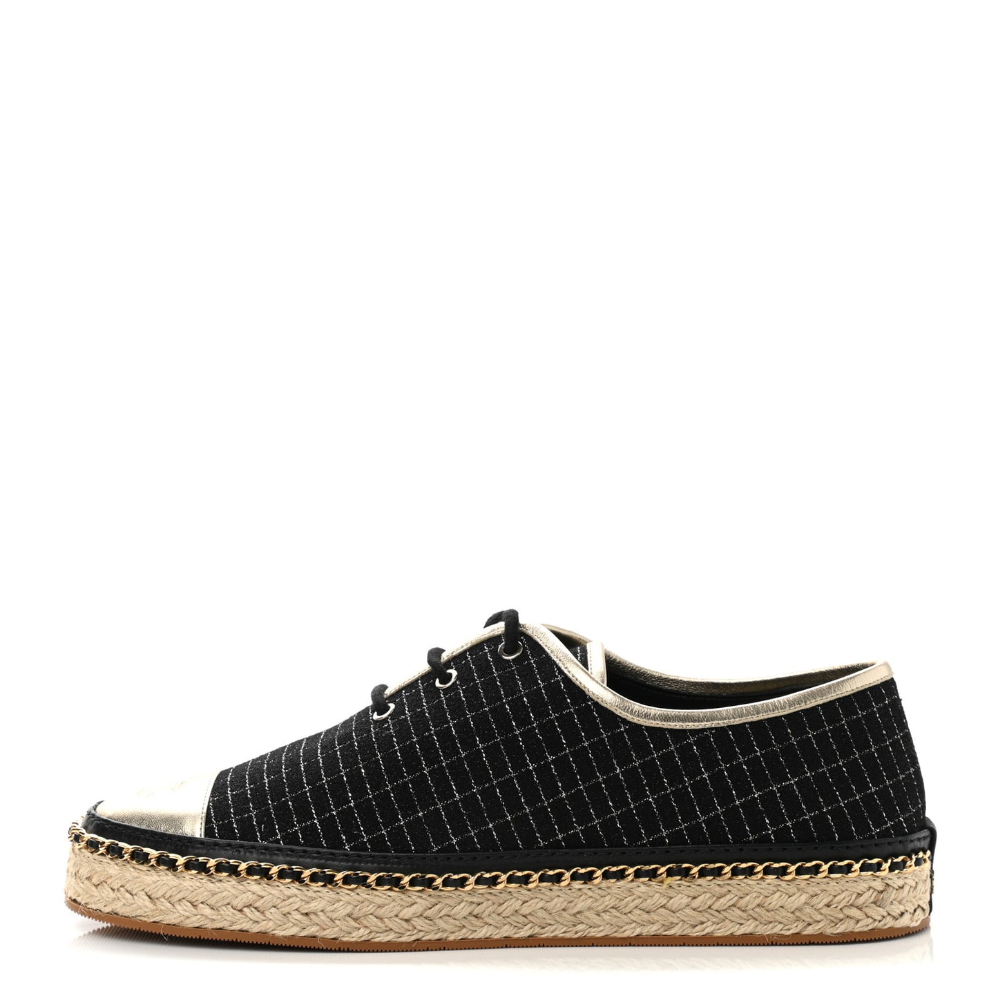 Tweed Lambskin Chain Lace Up Espadrille Sneakers 39 Black Gold
