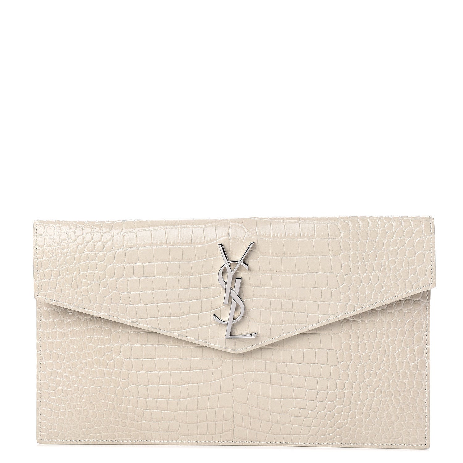 Saint Laurent Calfskin Crocodile Embossed Uptown Monogram Pouch Crema Soft 1 of 5