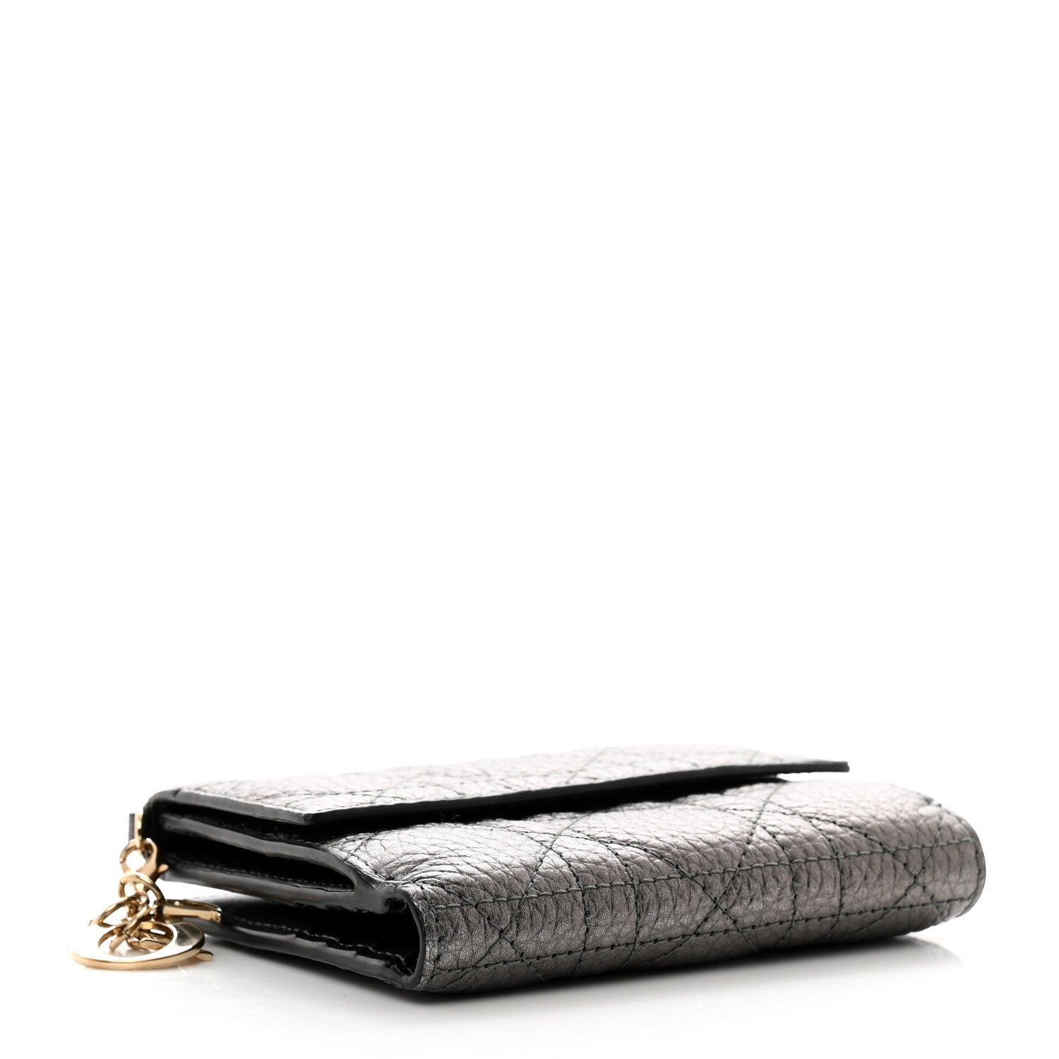 Christian Dior Metallic Grained Calfskin Cannage Lady Dior French Wallet Gunmetal 4 of 8