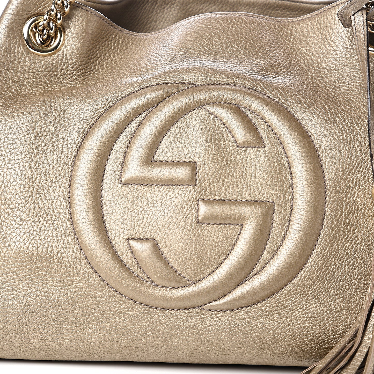 Metallic Pebbled Calfskin Medium Soho Chain Shoulder Bag Golden Beige