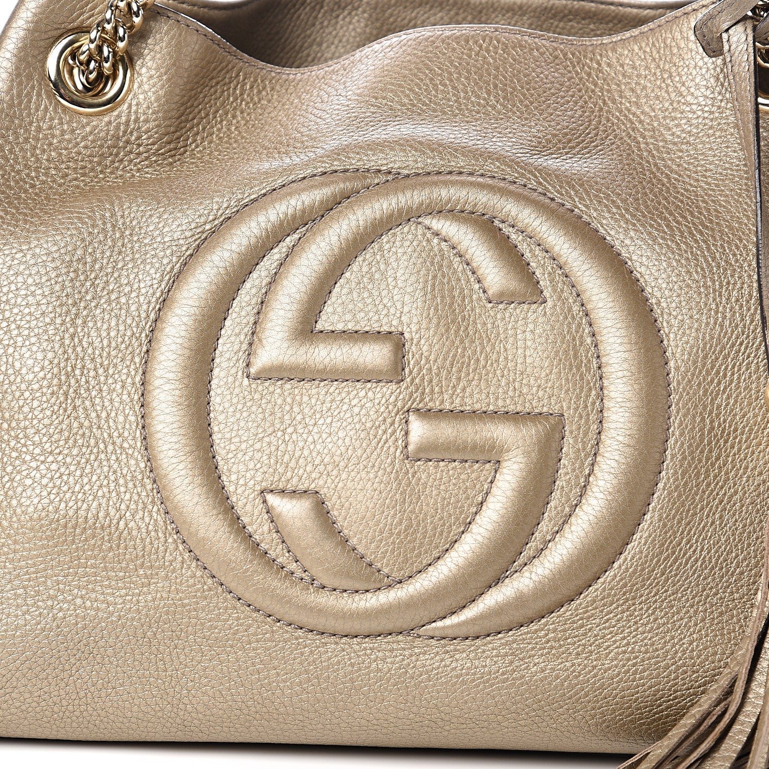 Gucci Metallic Pebbled Calfskin Medium Soho Chain Shoulder Bag Golden Beige 13 of 13