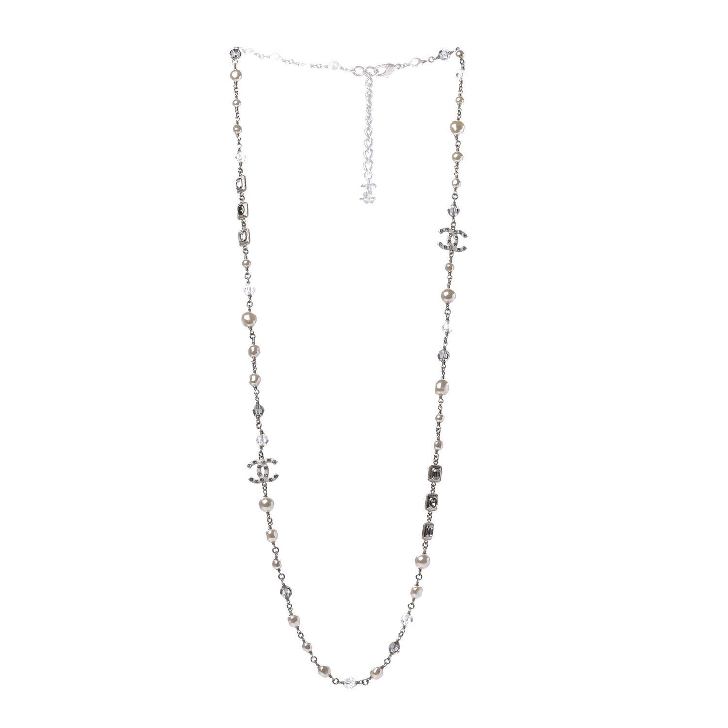 Pearl Beaded Crystal Resin CC Long Necklace Light Gold Multicolor