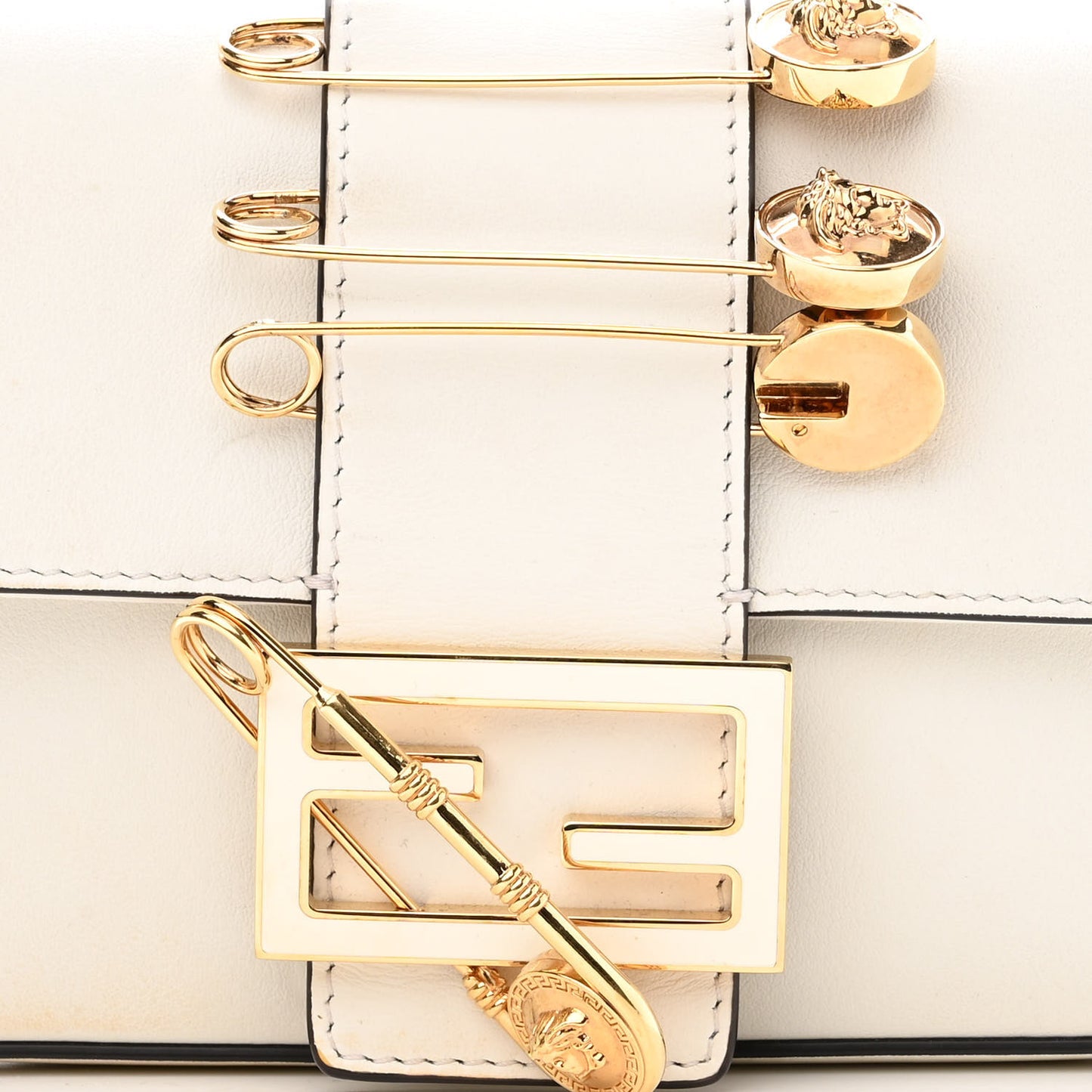 X VERSACE Vitello Seta Fendace Mini Brooch Baguette White Ice