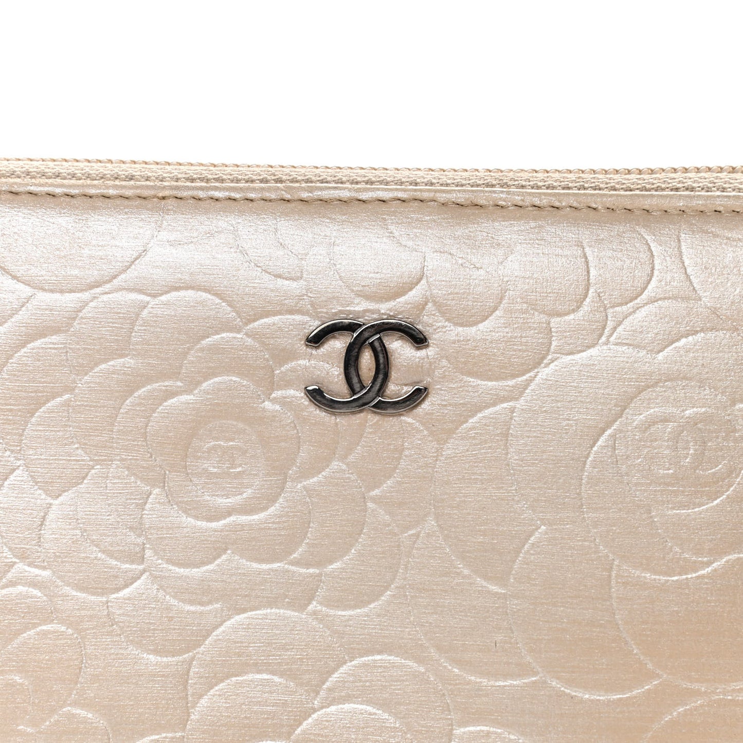 Lambskin Camellia Embossed Zip Around Organizer Wallet Light Beige