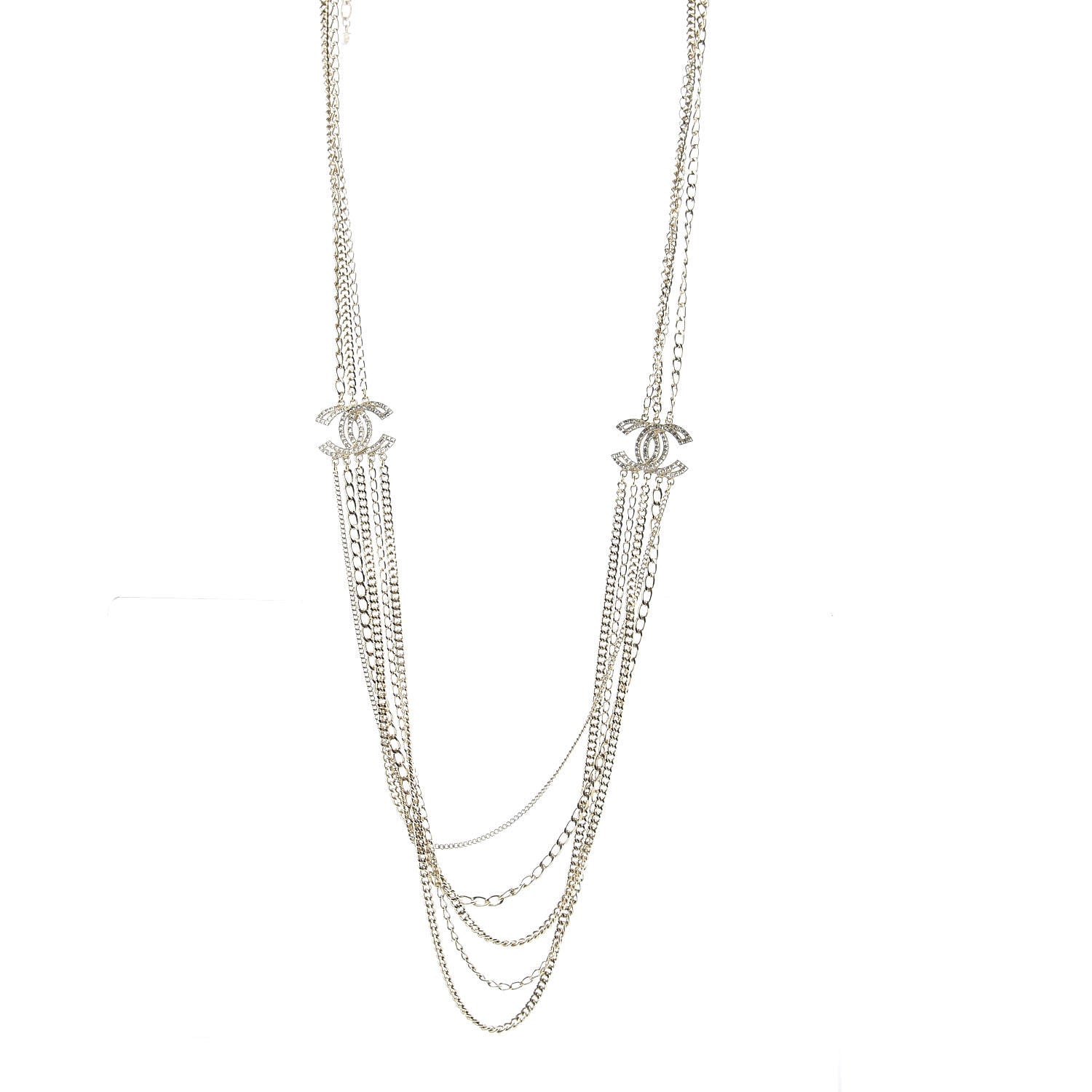 Chanel Multi Strand Chain Baguette Crystal CC Necklace Gold 1 of 7