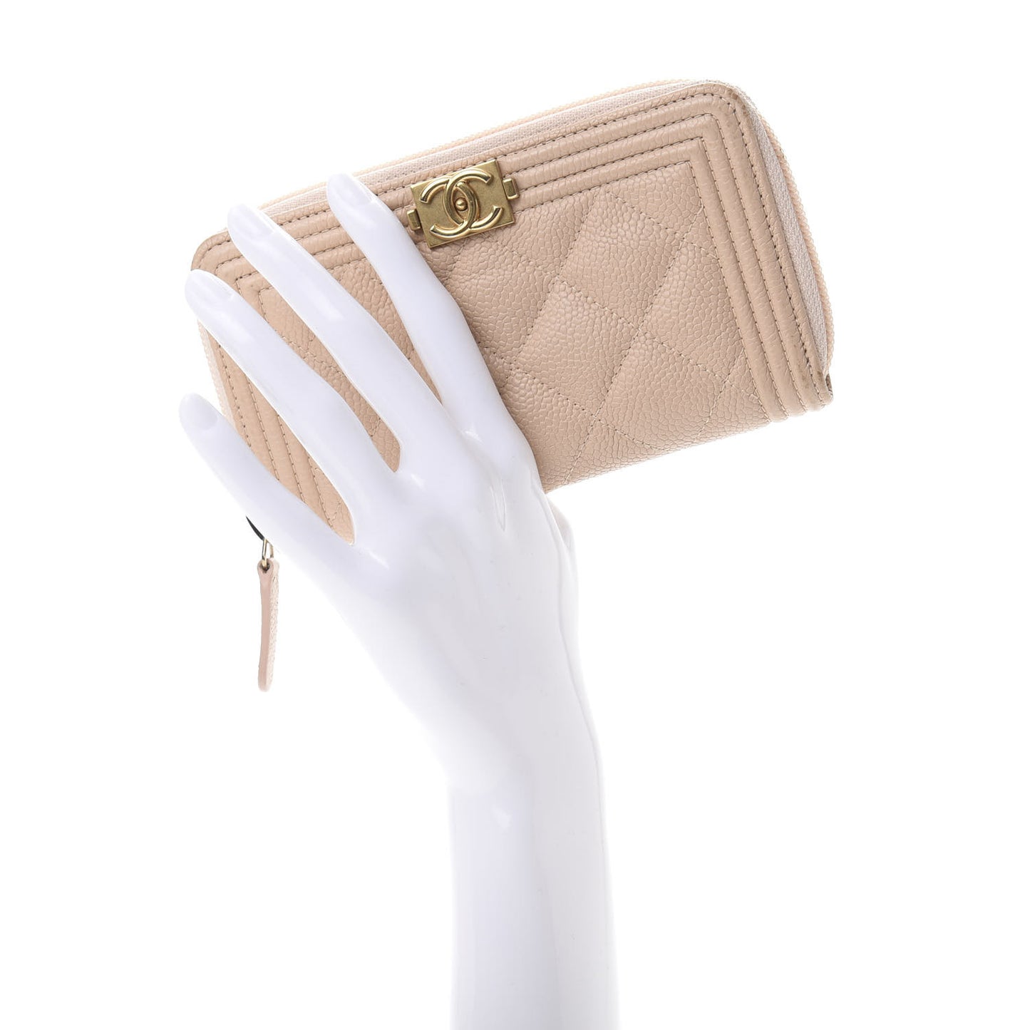 Caviar Quilted Small Boy Zip Around Wallet Beige