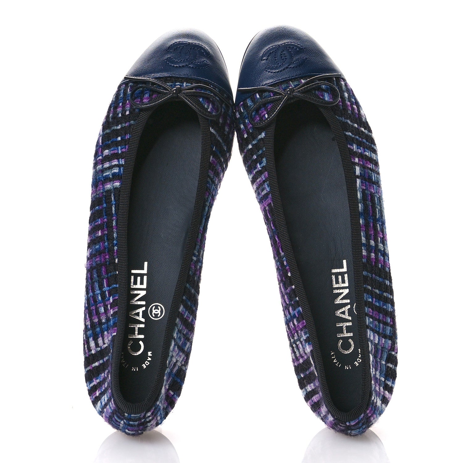 Chanel Wool Tweed Lambskin Cap Toe Ballerina Flats 37.5 Black Purple Blue White 2 of 9