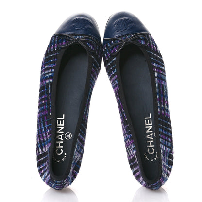 Chanel Wool Tweed Lambskin Cap Toe Ballerina Flats 37.5 Black Purple Blue White 2 of 9