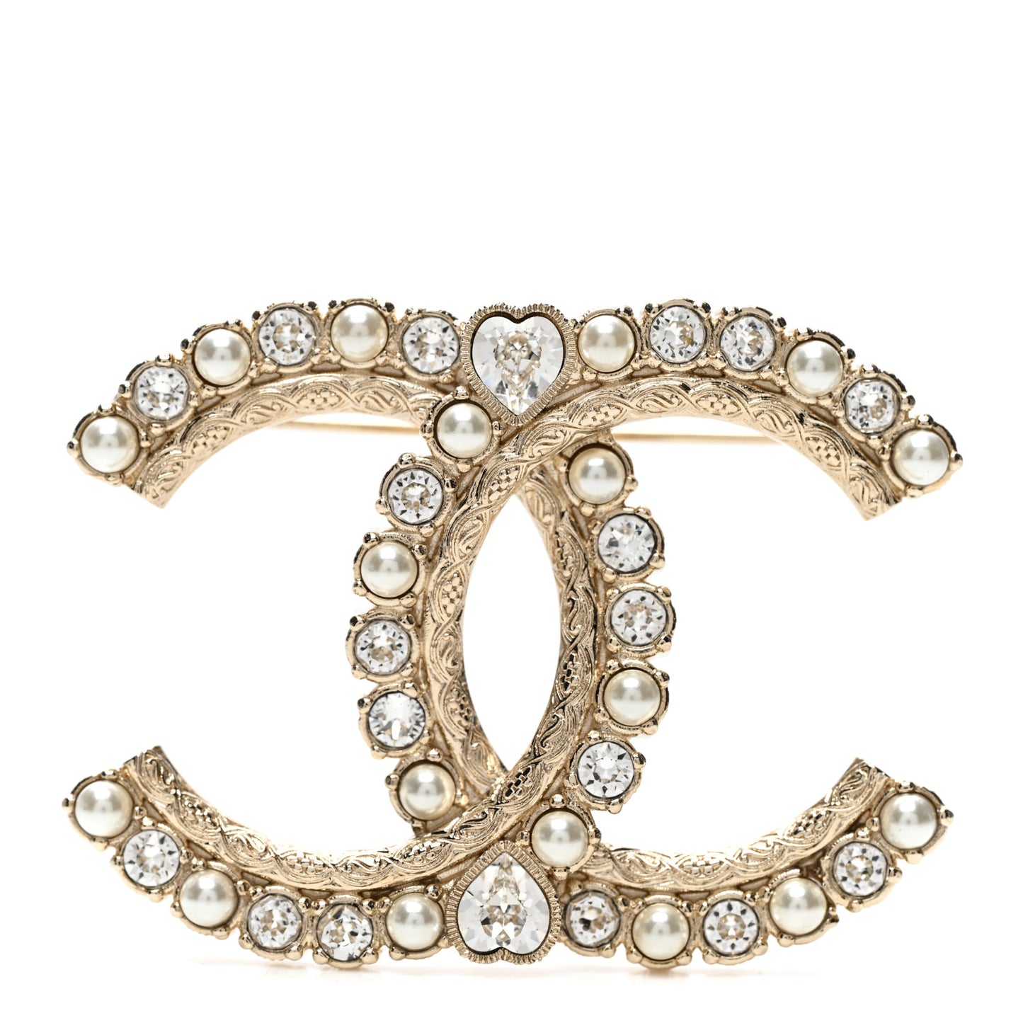 Pearl Crystal CC Brooch Gold