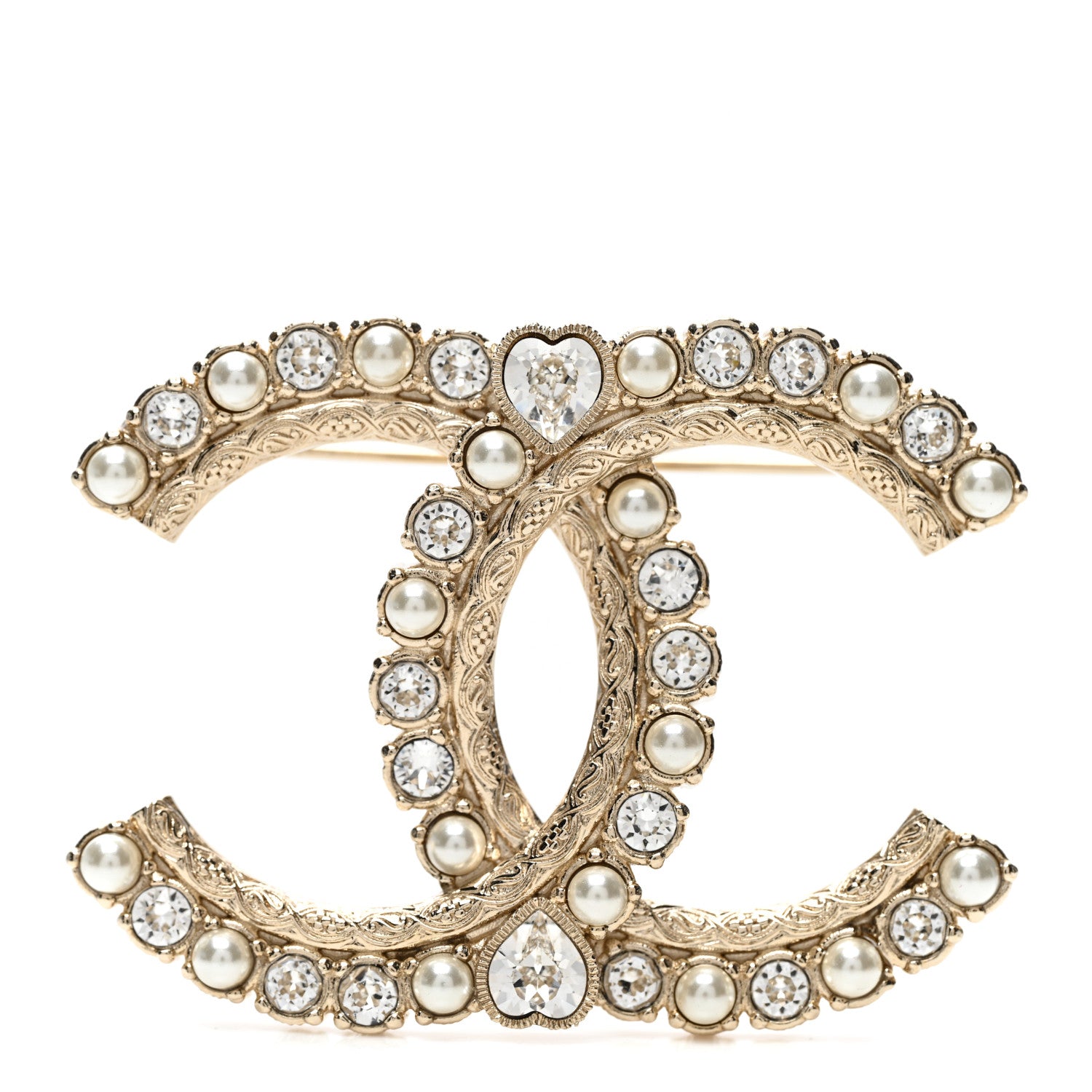 Chanel Pearl Crystal CC Brooch Gold 1 of 5