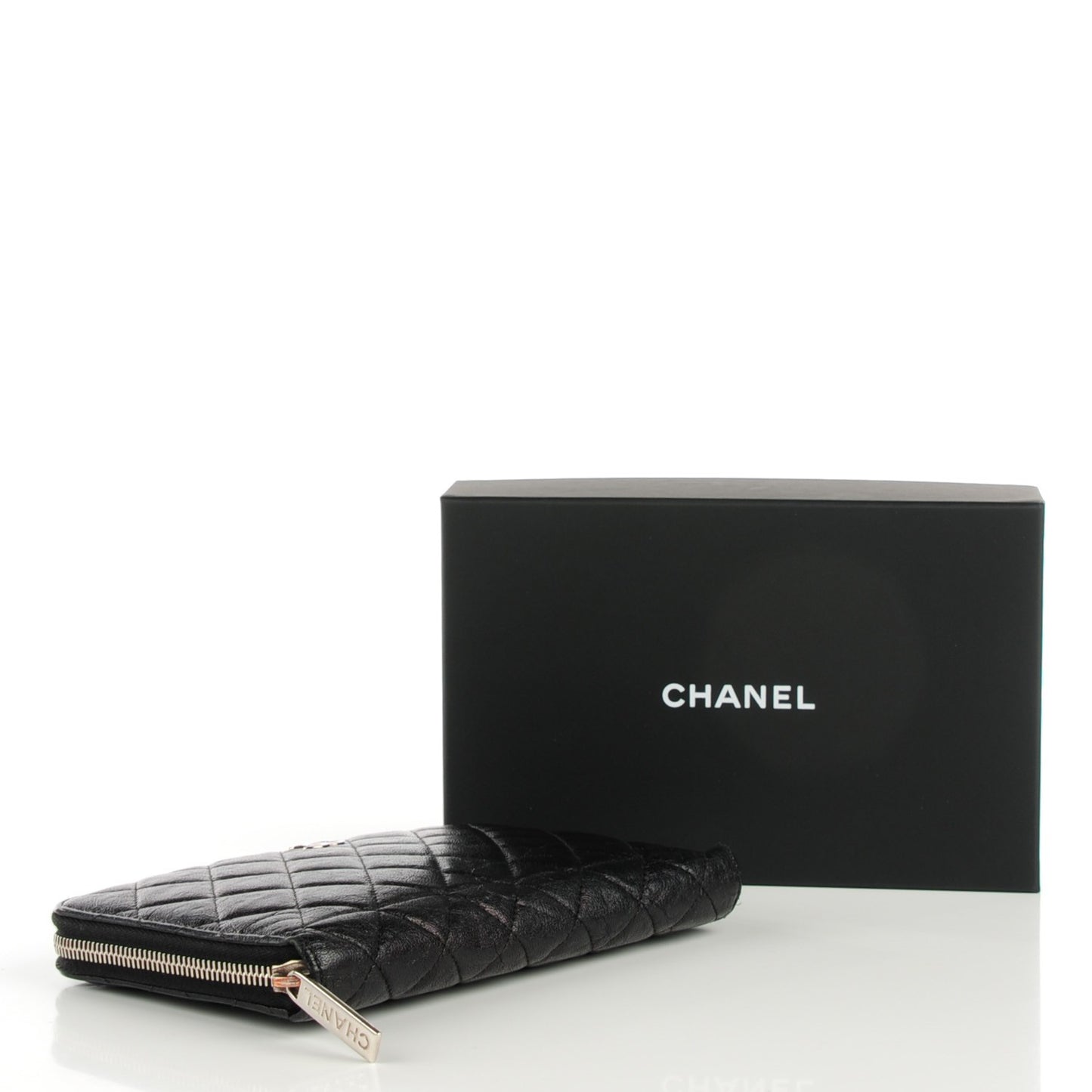Glazed Calfskin Quilted Large Zip Around Organizer Wallet Black