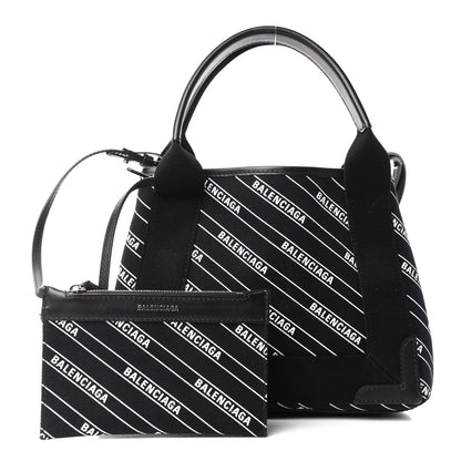 Balenciaga Cotton Canvas Calfskin Logo Print Navy Cabas XS Black White 1 of 10