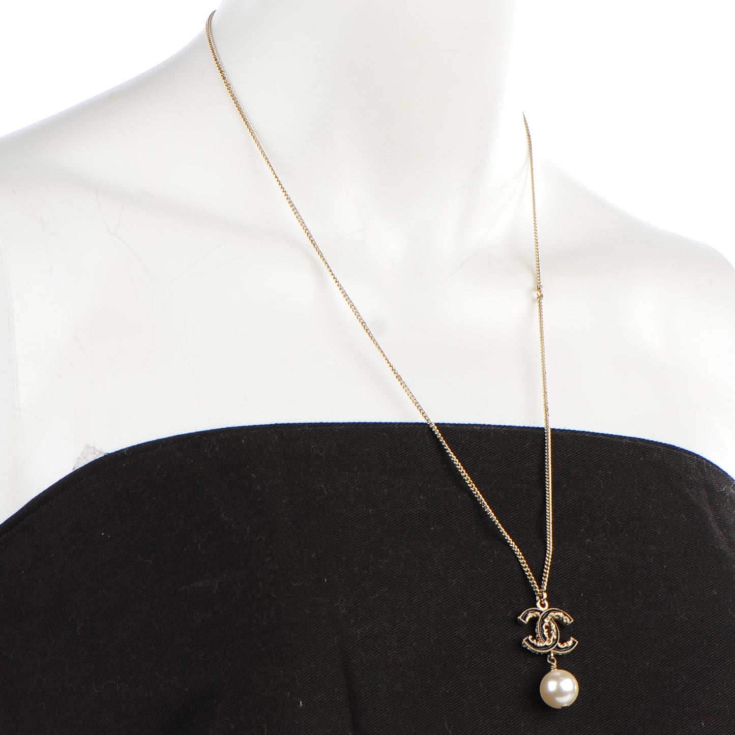 Enamel CC Pearl Drop Necklace Black Gold