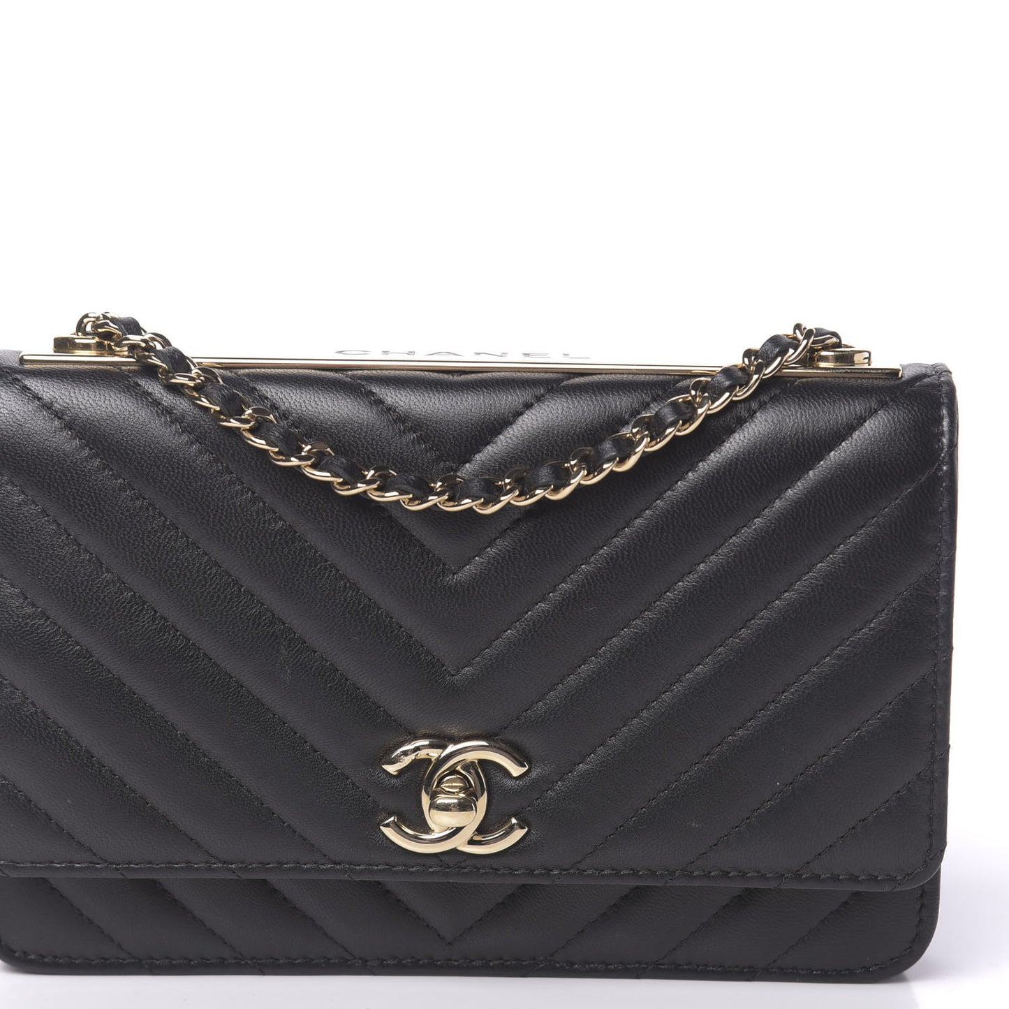 Lambskin Chevron Quilted Trendy CC Wallet On Chain WOC Black