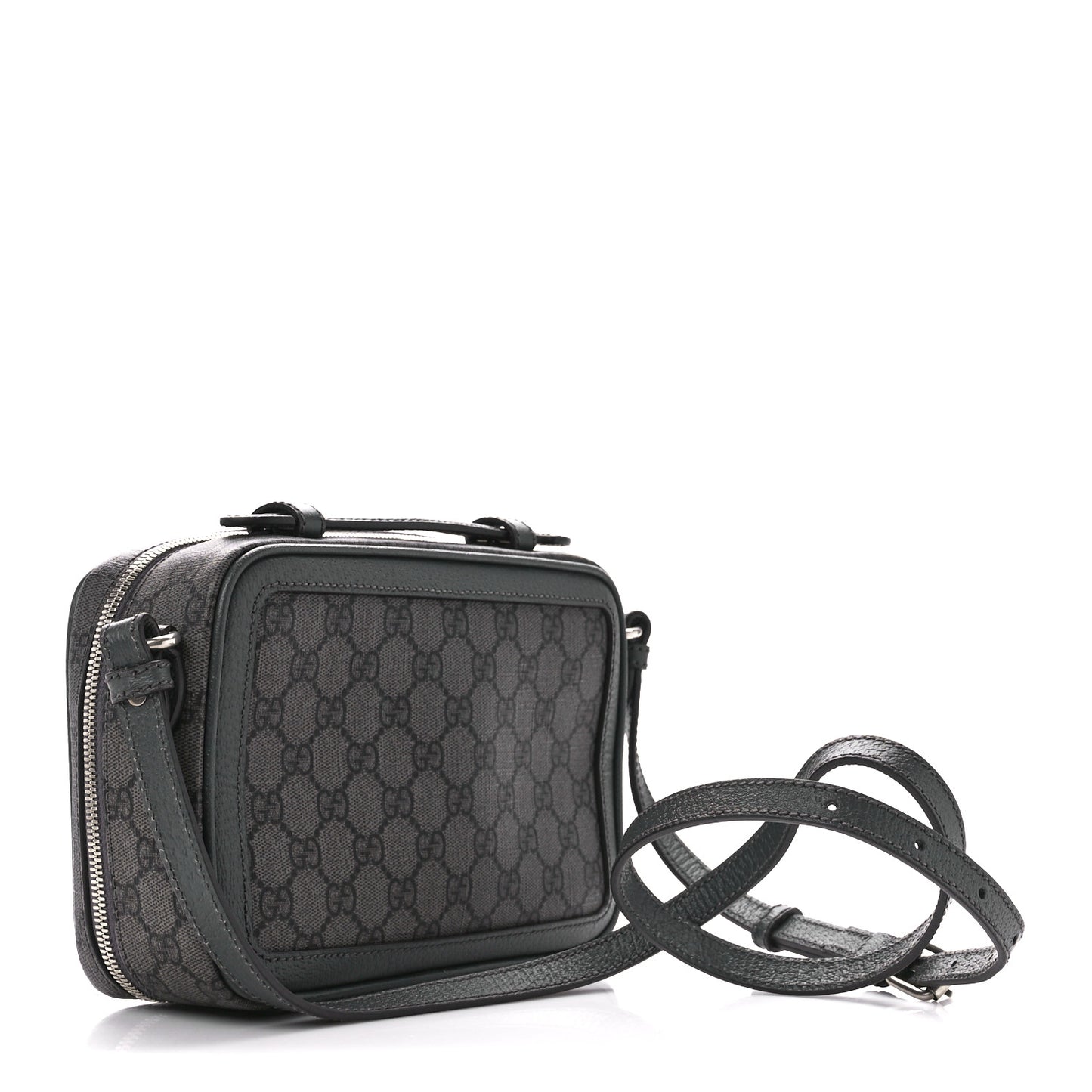GG Supreme Monogram Textured Dollar Calfskin Small Ophidia Top Handle Shoulder Grey Black Graphite Grey