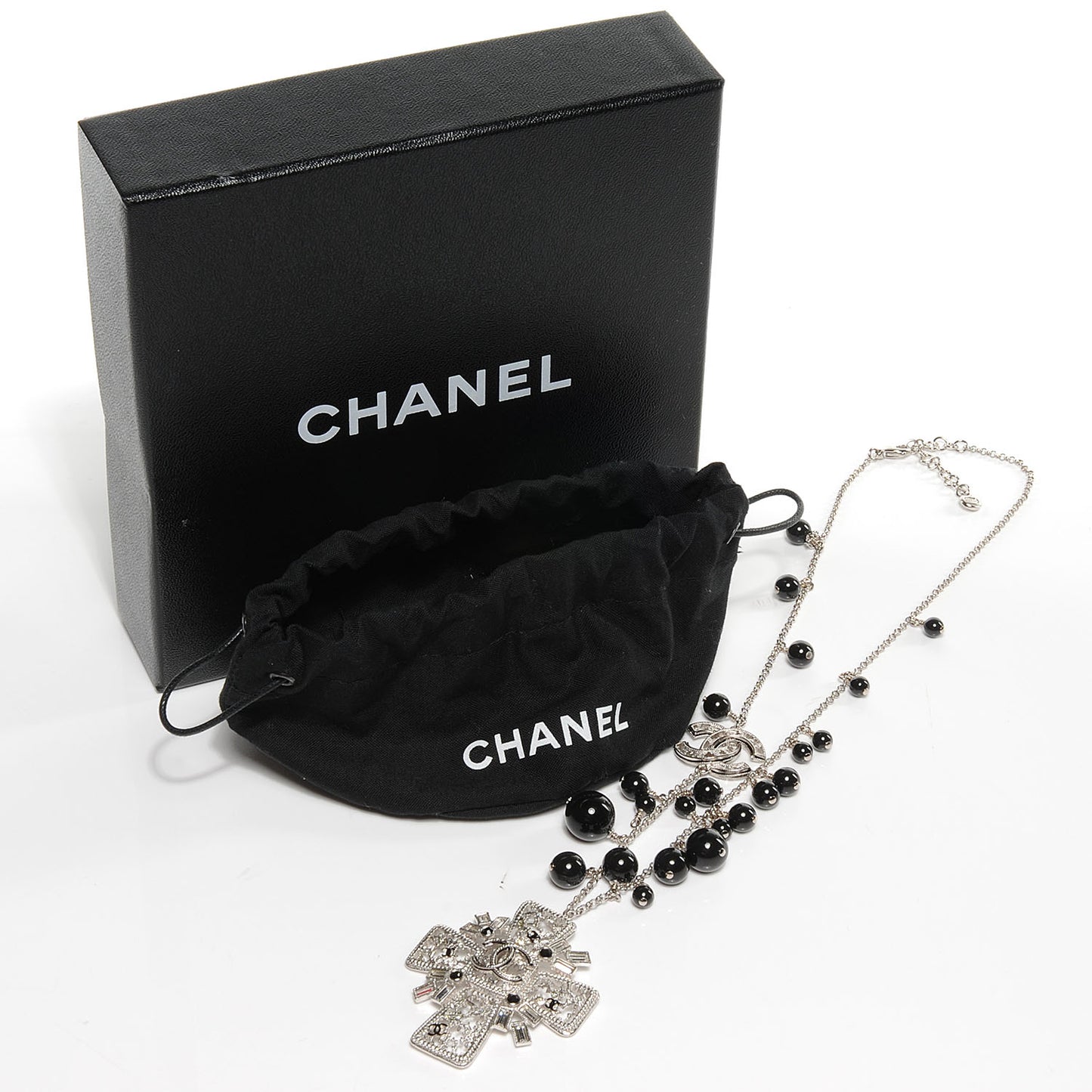 Maltese Cross Crystal CC Bead Necklace Silver