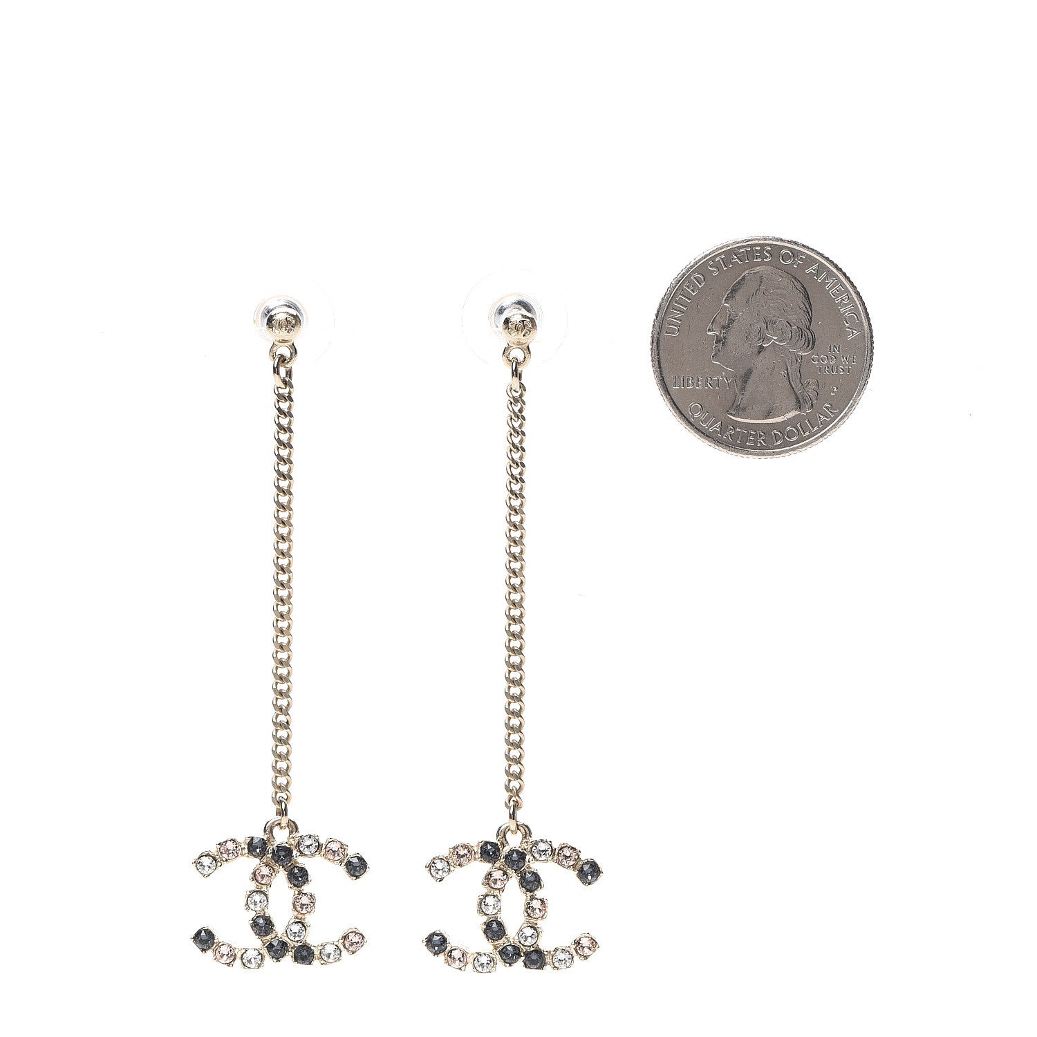 Chanel Crystal CC Drop Earrings Pink Grey Gold 2 of 5
