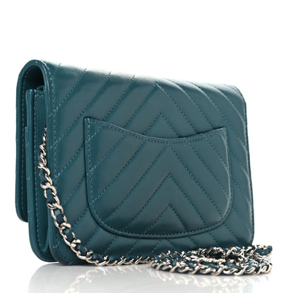 Chanel Lambskin Chevron Quilted Wallet On Chain WOC Turquoise 3 of 13