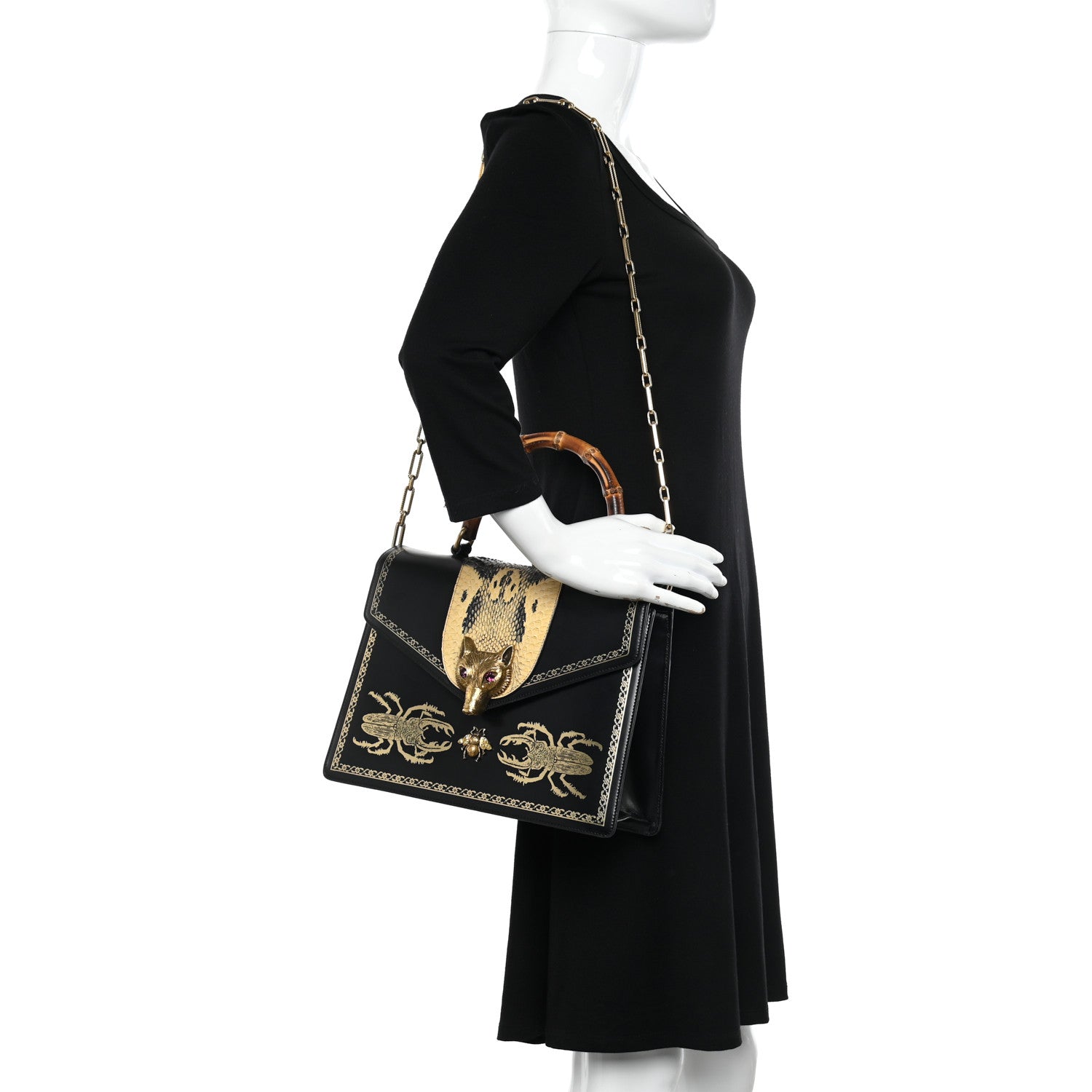 Gucci Glossy Calfskin Snakeskin Beetle Print Large Fox Broche Bamboo Top Handle Bag Black 2 of 10