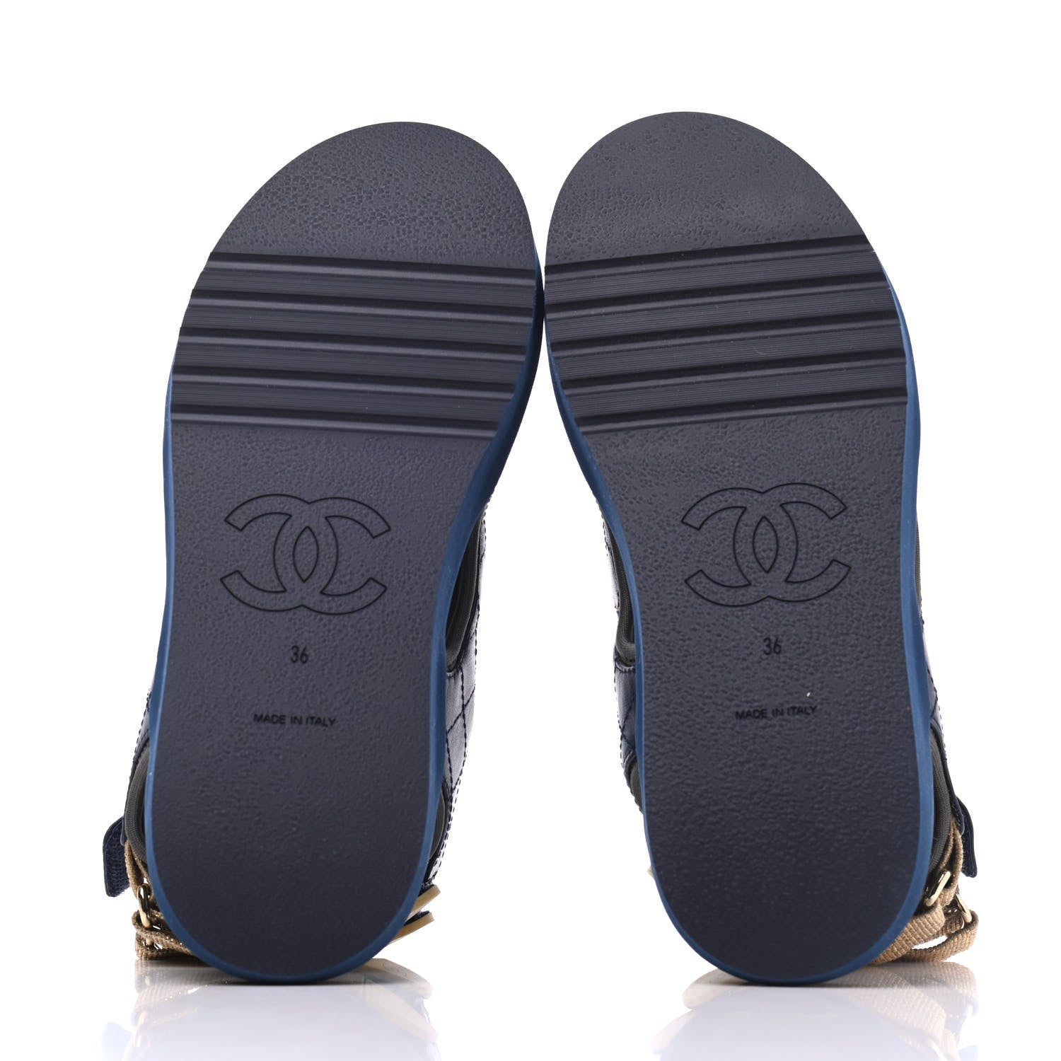 Chanel Goatskin Fabric Gladiator Sandals 36 Navy Blue Light Grey Yellow 5 of 16